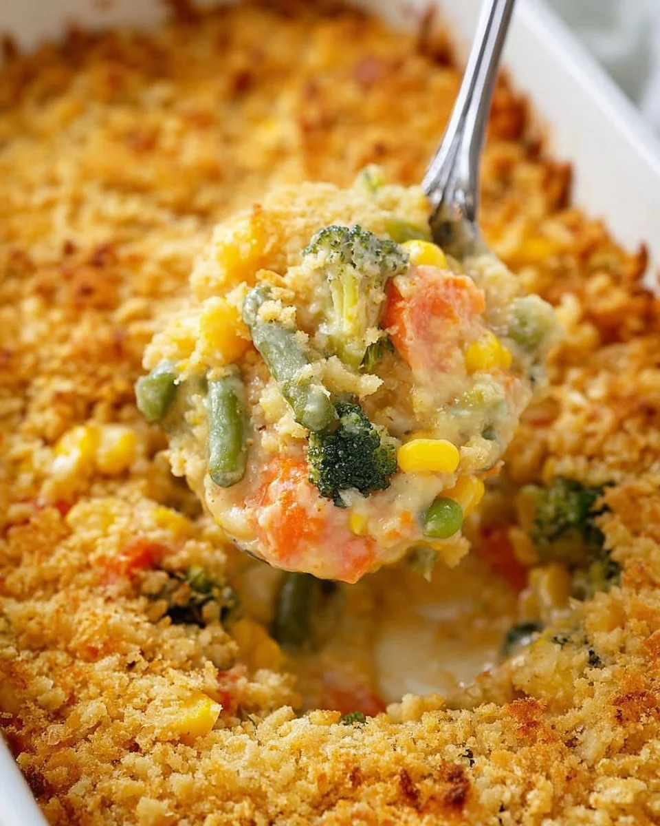 A colorful vegetable casserole topped with melted cheese and fresh herbs