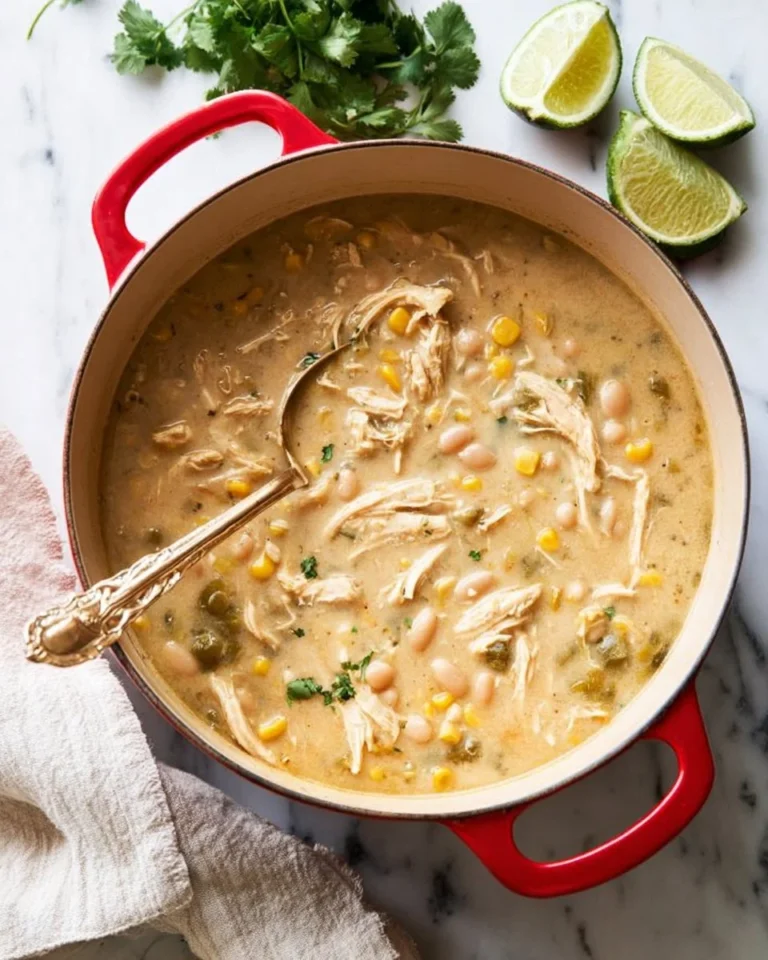 Bowl of White Chicken Chili garnished with cilantro and lime