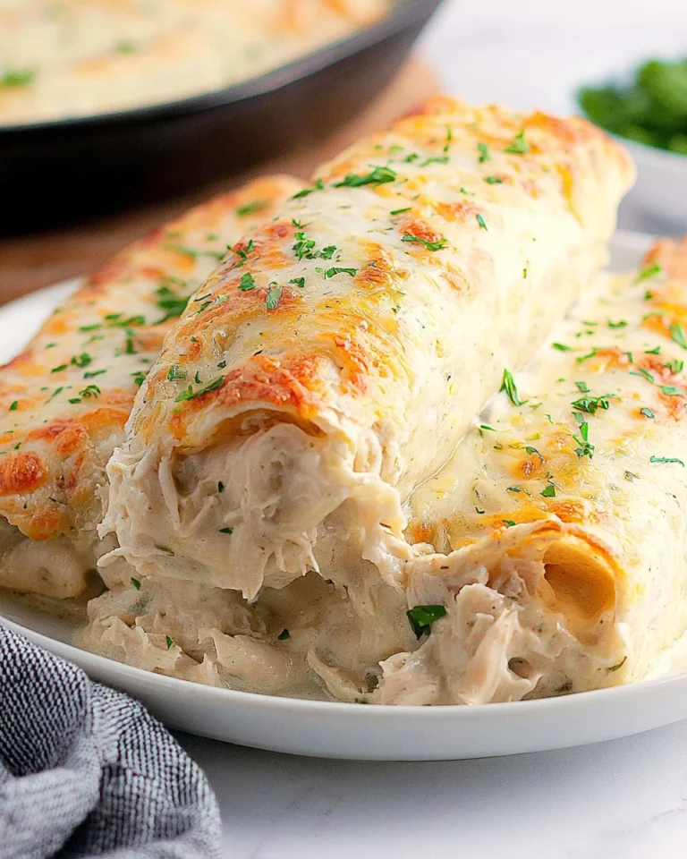 Creamy white chicken enchiladas served on a plate with toppings