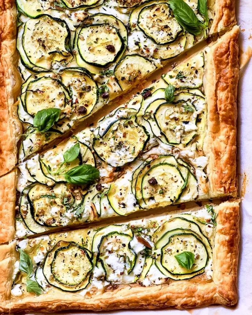 Zucchini tart with goat cheese on puff pastry, garnished and ready to serve.