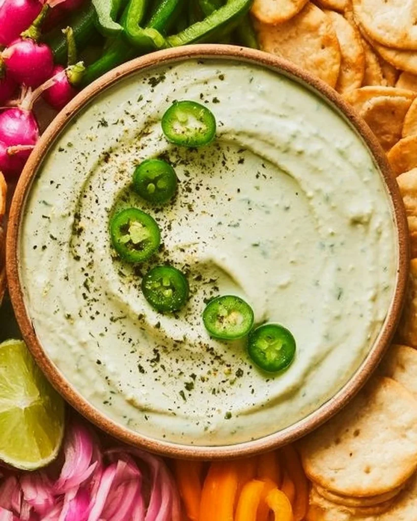 Creamy jalapeno cottage cheese dip served in a bowl with tortilla chips