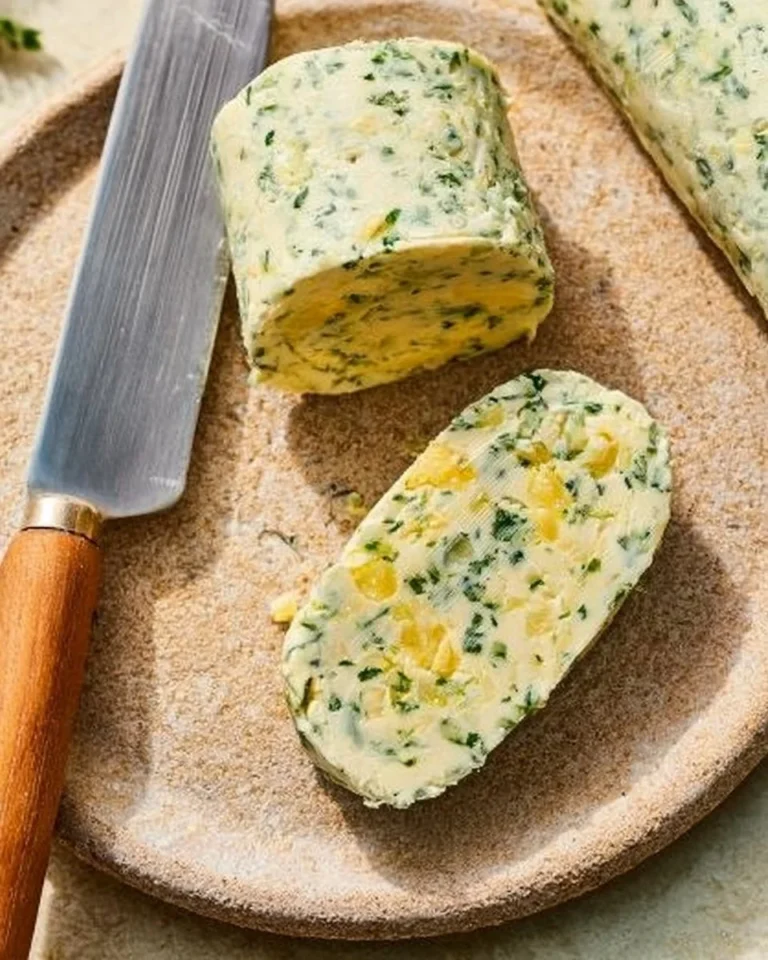 Garlic and herb compound butter spread on a slice of bread