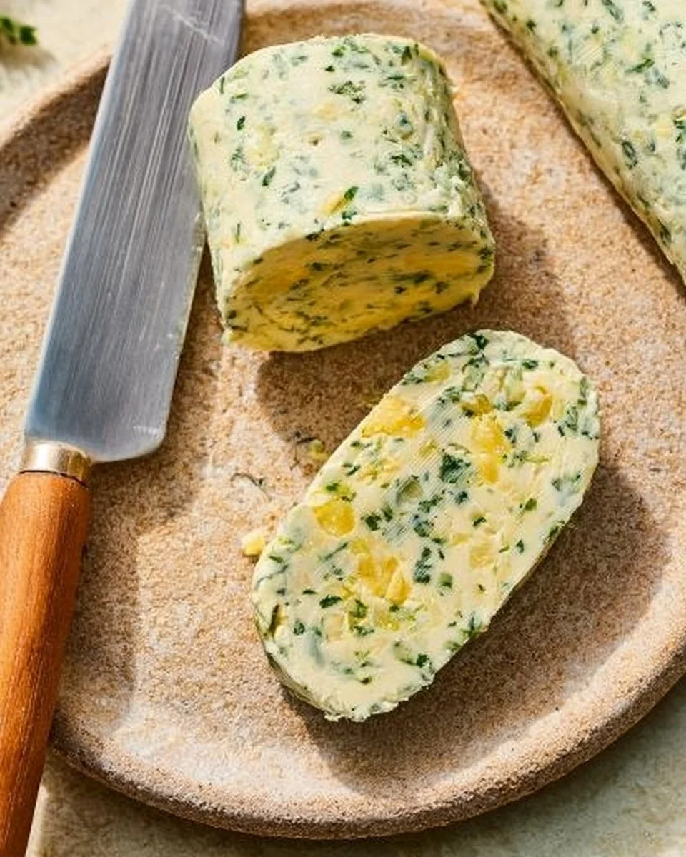 Garlic and herb compound butter spread on a slice of bread
