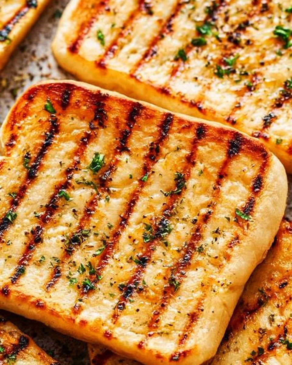 Slices of perfectly grilled bread with grill marks and fresh herbs.