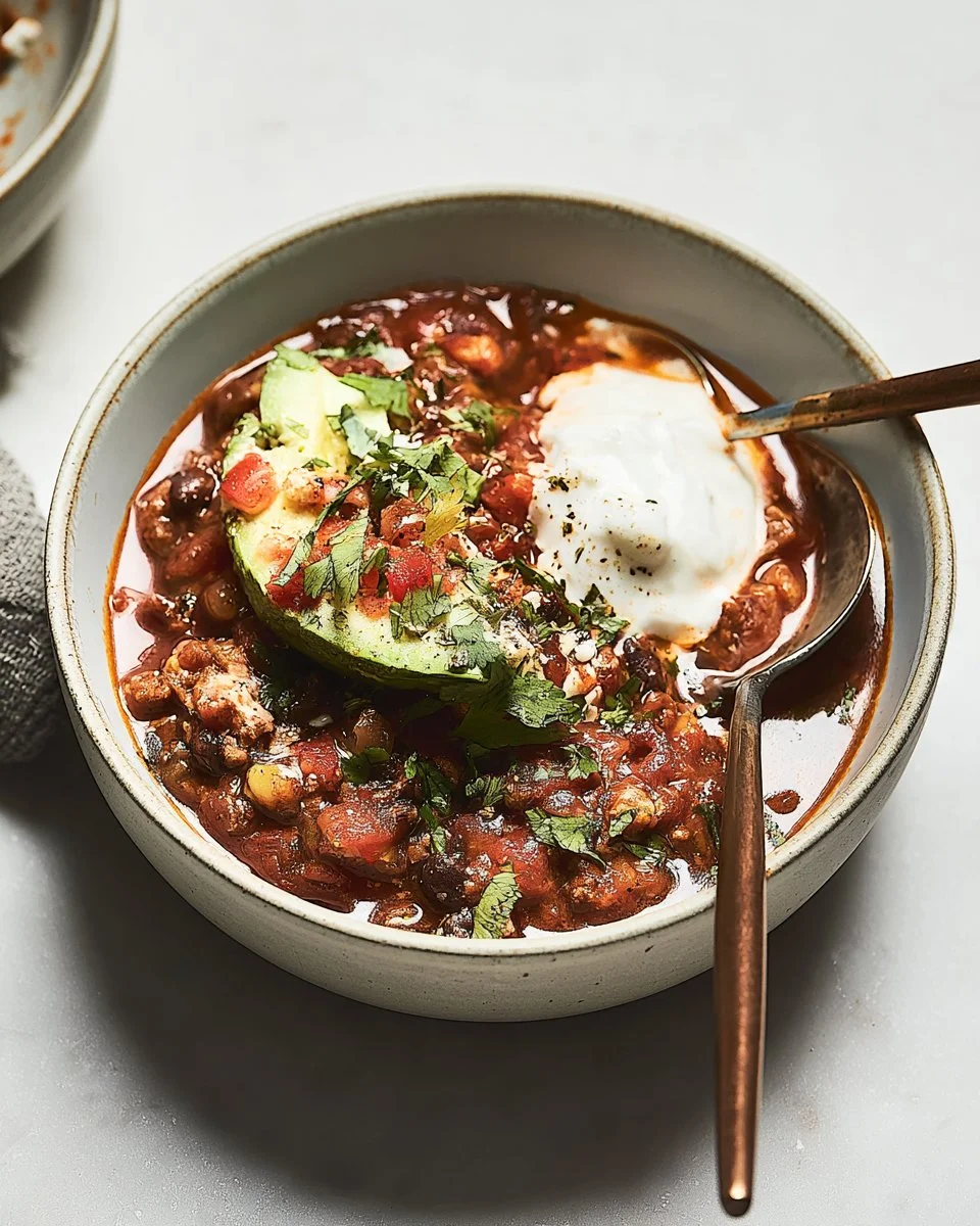Bowl of delicious Keto Chili topped with cheese and avocado