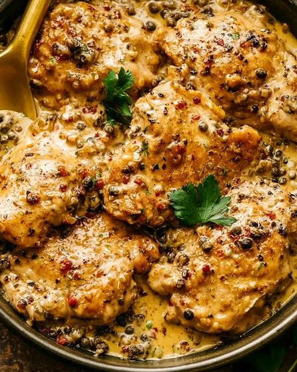 Delicious Peppercorn Chicken served on a plate with herbs and spices