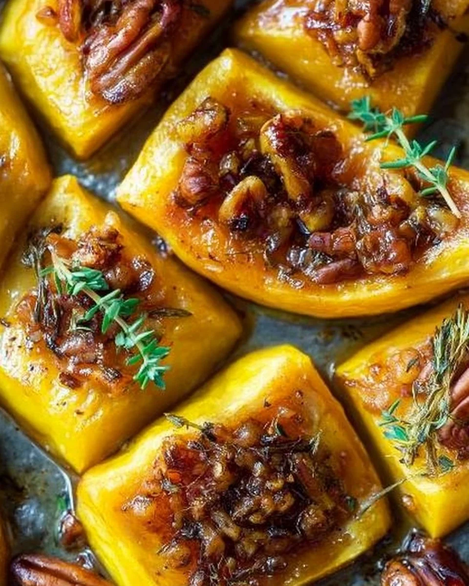Roasted pumpkin with thyme, honey, and pecans on a serving plate