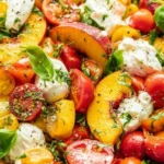 A vibrant Tomato Peach Burrata Salad featuring fresh ingredients and colorful presentation.