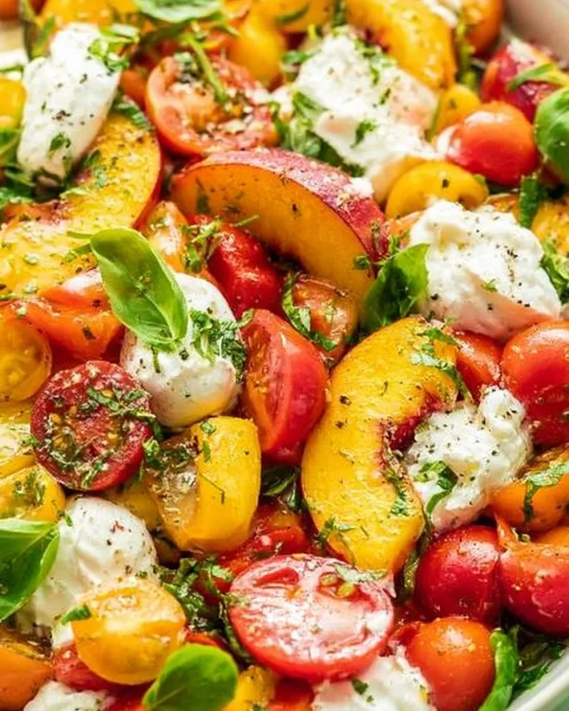 A vibrant Tomato Peach Burrata Salad featuring fresh ingredients and colorful presentation.